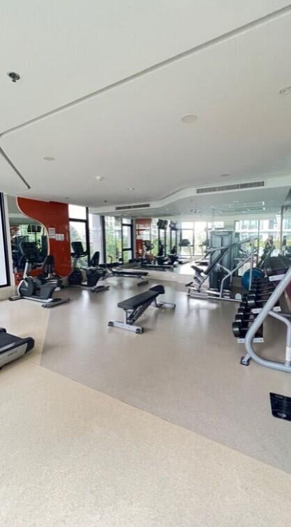 Well-equipped gym area with various exercise machines and weights