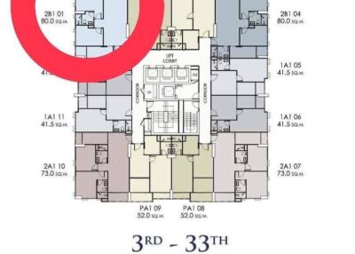 Building floor plan with layout of different apartment units