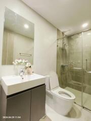 Modern bathroom with white sink, toilet, and glass shower enclosure