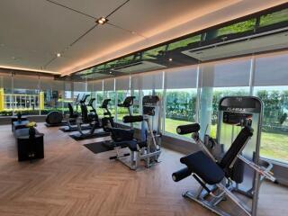 Modern gym with exercise equipment and large windows