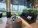 Modern living room with large windows and city view