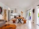 Modern kitchen and dining area with wooden furnishings