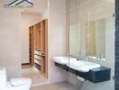 Contemporary bathroom with double sinks and glass shower enclosure