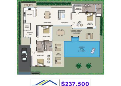 Floor plan of a house with living areas, bedrooms, kitchen, pool, and garden