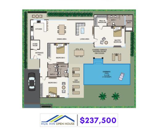 Floor plan of a house with living areas, bedrooms, kitchen, pool, and garden