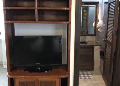 Living area with TV cabinet and view into adjacent bathroom