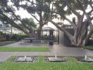 Green garden area with fountains and seating