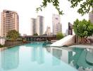 Modern residential building with rooftop pool