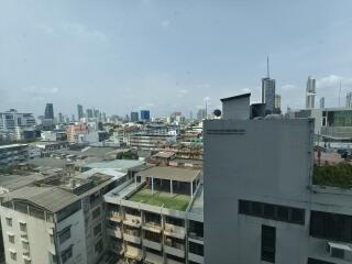 View of city buildings from high floor