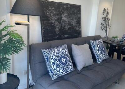 Modern living room with grey futon and decorative pillows