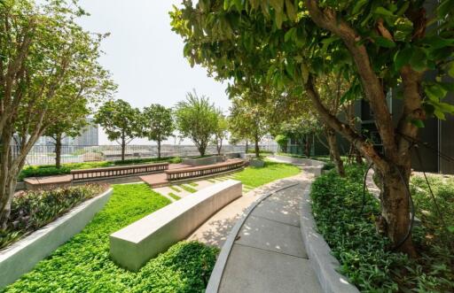 Beautifully landscaped outdoor garden with seating areas