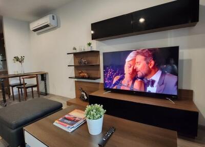 Modern living room with TV, coffee table, and shelving