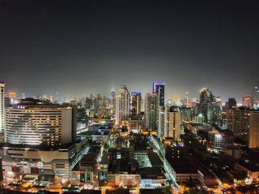 Night view of city skyline with high-rise buildings