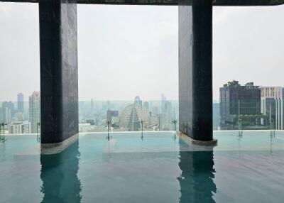 rooftop swimming pool with city skyline view