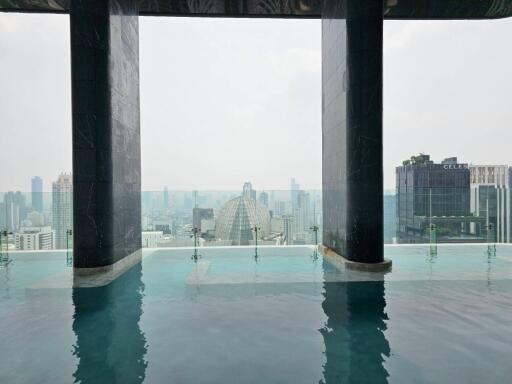 rooftop swimming pool with city skyline view