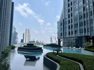 Modern apartment buildings with a rooftop pool