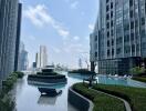 Modern apartment buildings with a rooftop pool