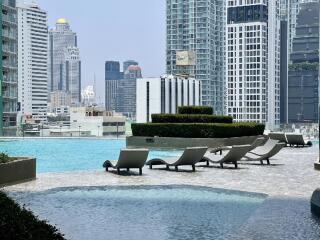 Rooftop pool with city skyline view