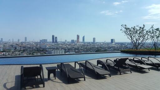 Rooftop infinity pool with city skyline view