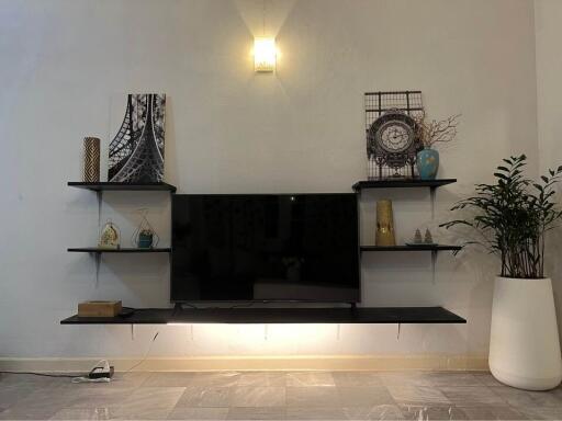 Modern living room with wall-mounted TV and decorative shelves