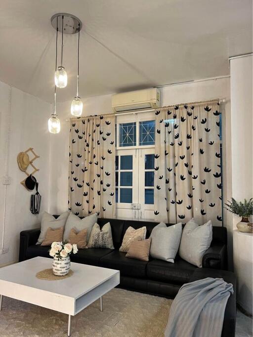 Cozy living room with black leather sofa and decorative cushions, decorated with hanging lights and floral arrangements