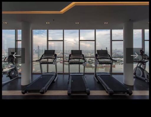 High-rise gym with treadmills and a city view