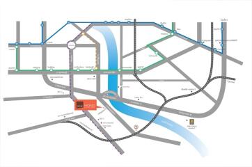 City map showing street names, transportation routes, and notable locations.