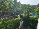 View of lush garden area with swimming pool