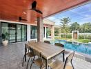 Outdoor patio with wooden ceiling and pool view