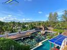 Outdoor recreational area with pool and lotus pond