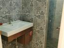 Bathroom with patterned tiles and sink