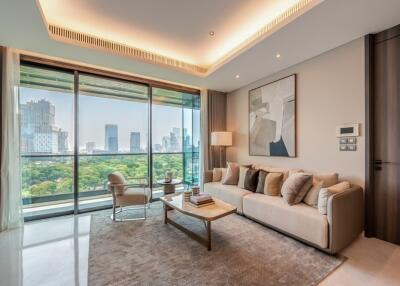 Modern living room with large windows and city view