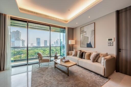 Modern living room with large windows and city view