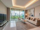 Modern living room with large windows and cityscape view