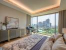 Modern bedroom with large windows and city view