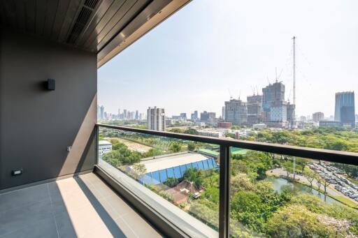 City view from modern balcony with railing