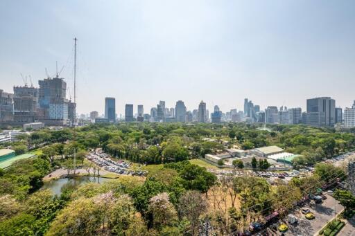 Panoramic view of a city with skyscrapers and a large park