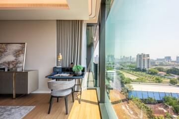 Modern study area with a large window view of the cityscape