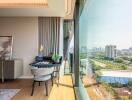 Modern study area with a large window view of the cityscape