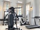 Home gym with various fitness equipment