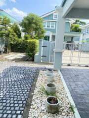 Front yard with a paved walkway and potted plants