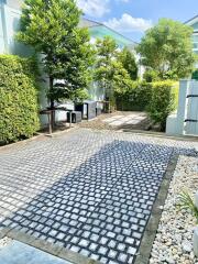 Well-maintained backyard with paved path and greenery