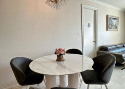 Elegant dining area with chandelier