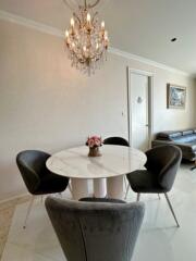 Elegant dining area with chandelier