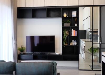 Modern living room with TV and built-in shelves