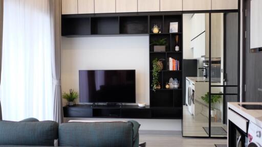 Modern living room with TV and built-in shelves