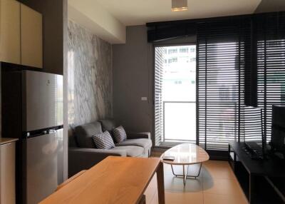 Modern living room with gray sofa, TV, and large window with blinds