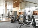 Spacious gym with modern exercise equipment