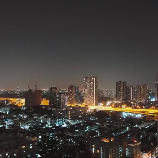 Night-time cityscape with illuminated buildings