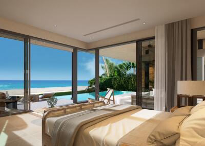 Modern bedroom with ocean view and patio access